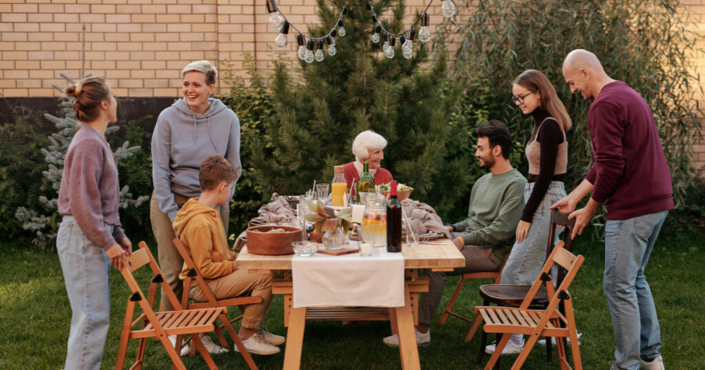 Family having picnic on terrace