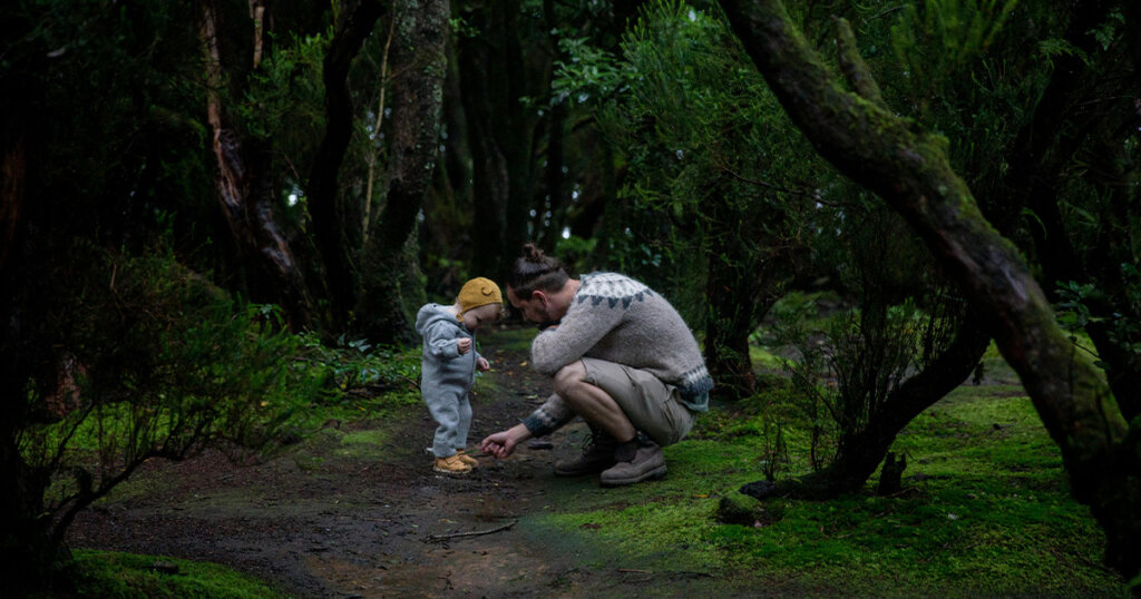 Father playing with son in fir forest
