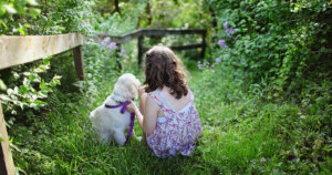 girl with dog in beautiful green place