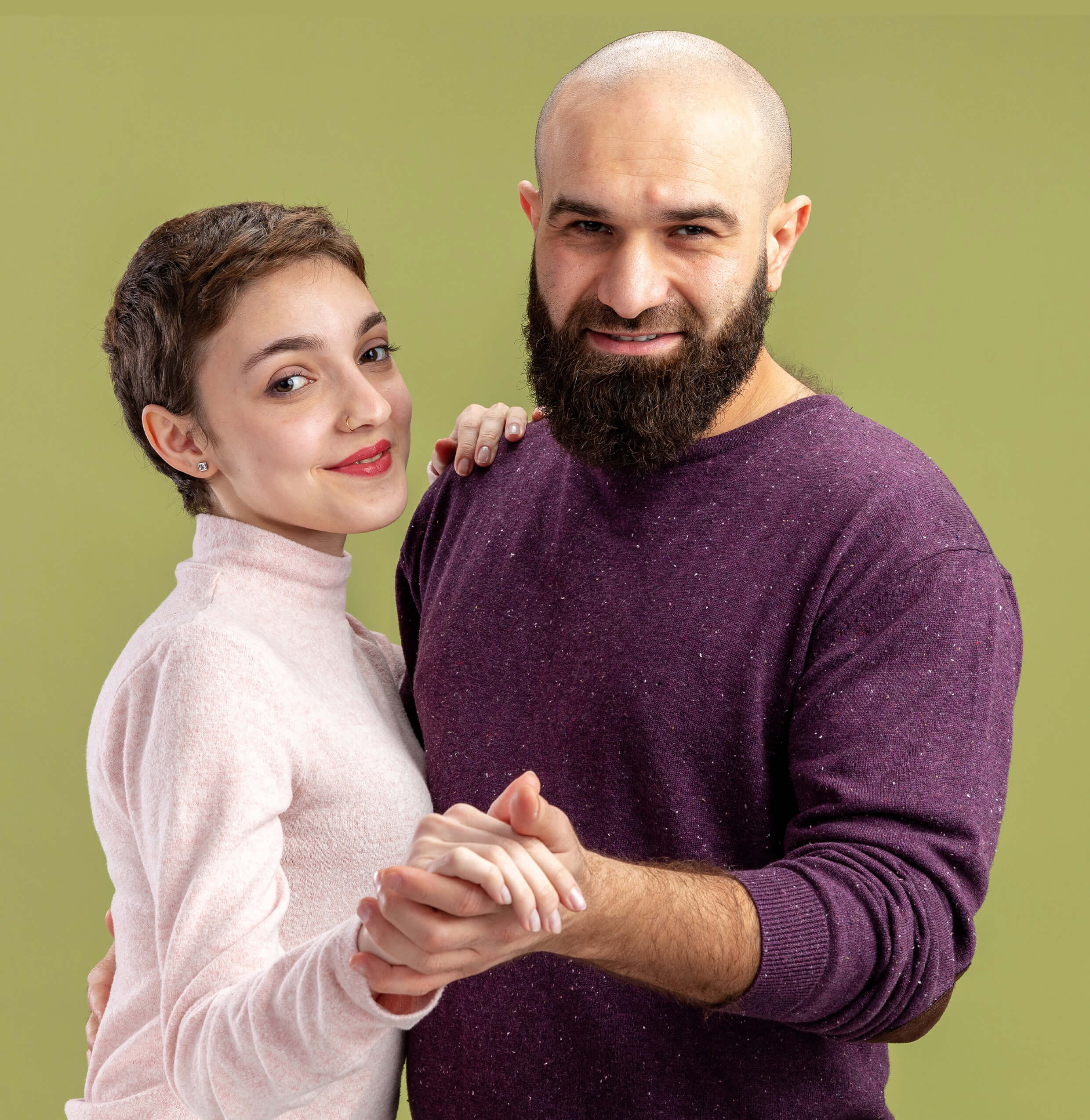 bald man with his cute wife wearing white shirt