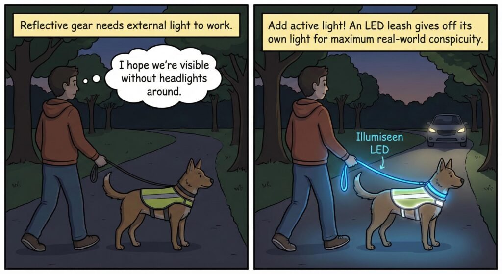An LED leash also gives off its own light so that you are seen even with no headlights copy