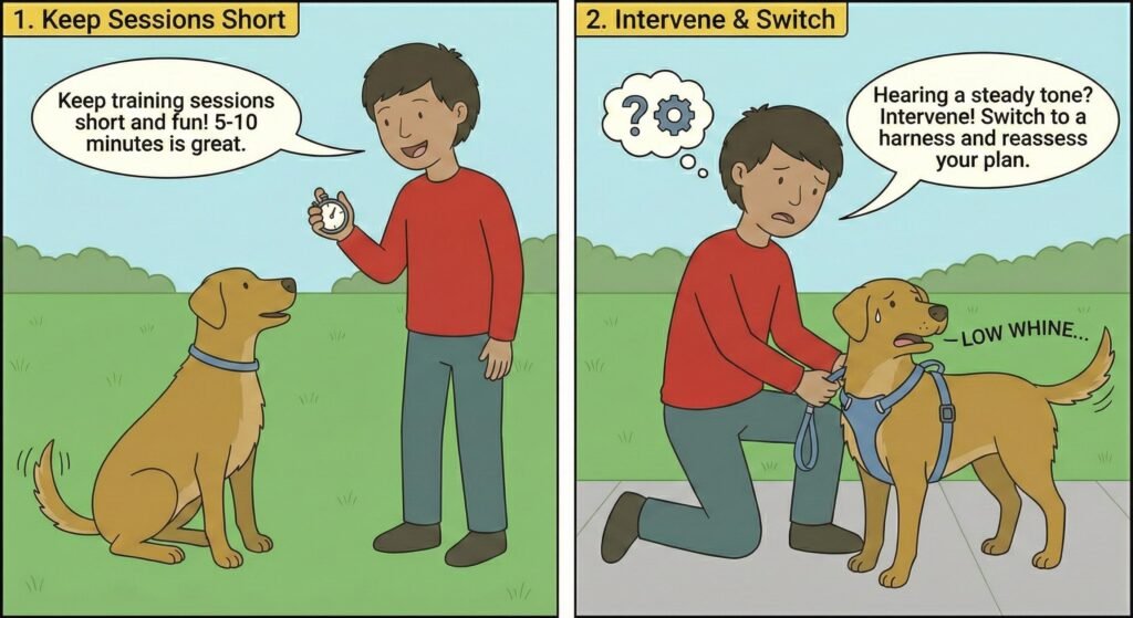 Keep sessions short. If you are hearing a steady tone from your dog