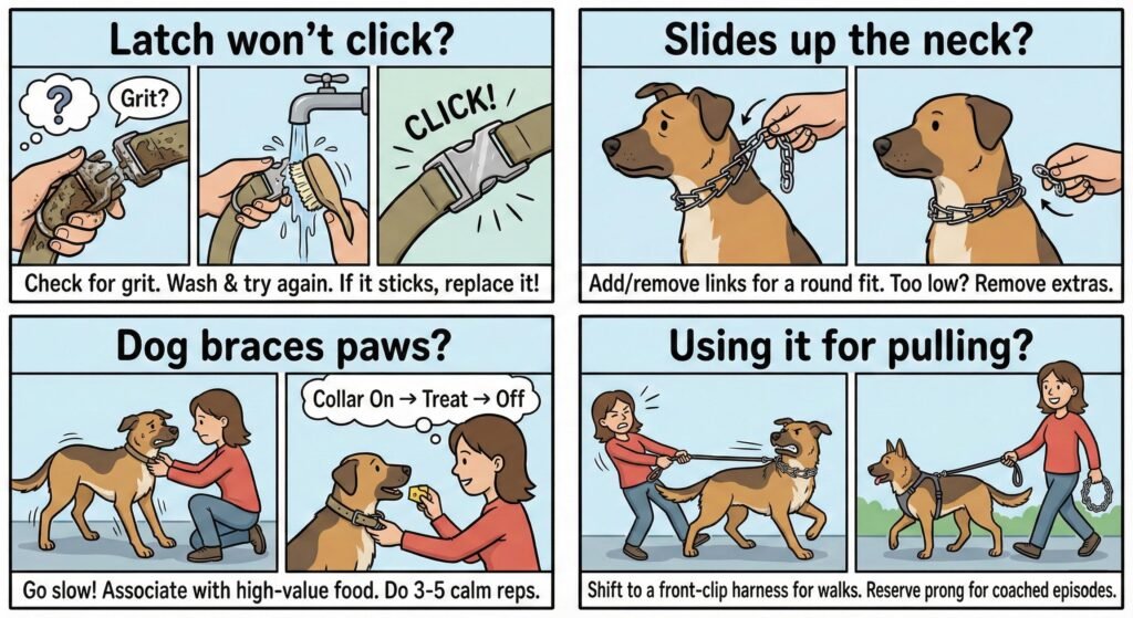 Latch wont click Look for grit wash and try again. If still sticky