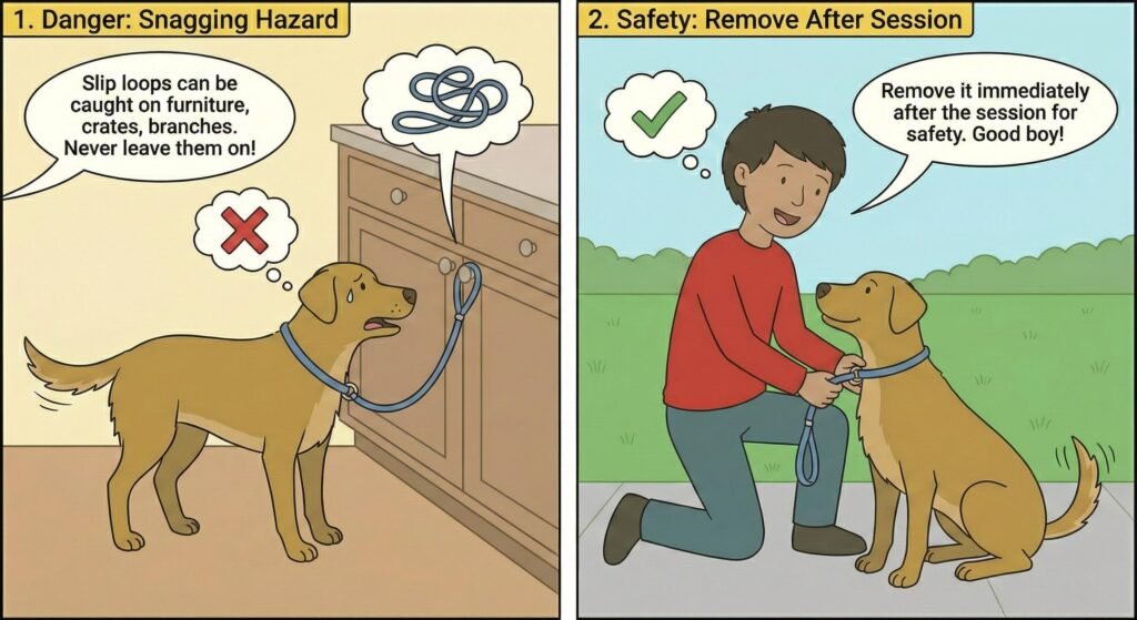 Slip loops can be caught on furniture, crates, branches. Remove it