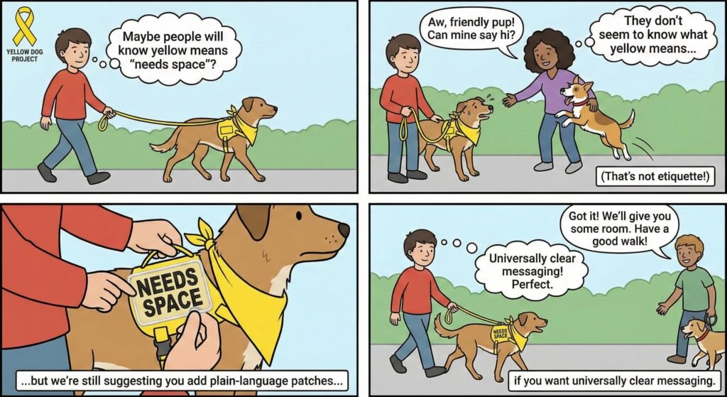 Some owners outfit their dogs in yellow gear to signal copy