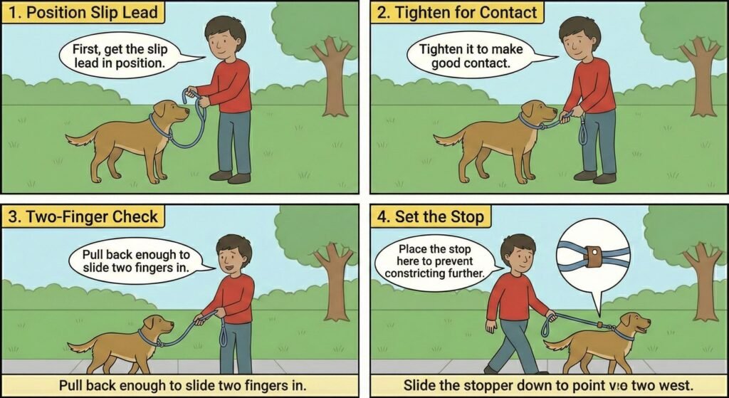With the dog in a standing position, tighten the slip to where it