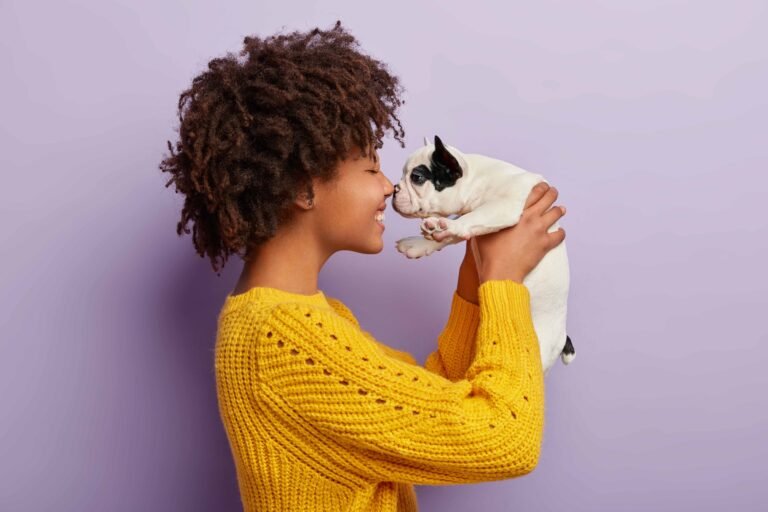 sideways-shot-cheerful-afro-american-woman-plays-with-sweety-black-white-french-bulldog-puppy-touch-small-nose
