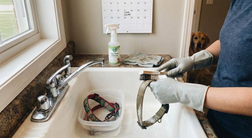 A candid photograph shows a person wearing grey rubber gloves scrubbing a dirty dog collar