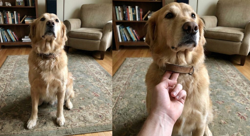 A split-panel photograph shows a golden retriever dog sitting on a rug on the left, and a close-up of a person's hand checking the fit of the dog's collar on the right.