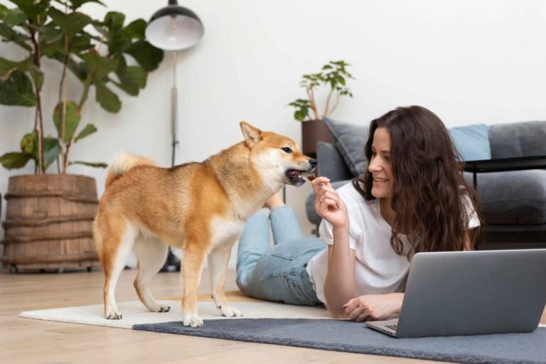 photo-of-woman-trying-work-with-her-dog-around