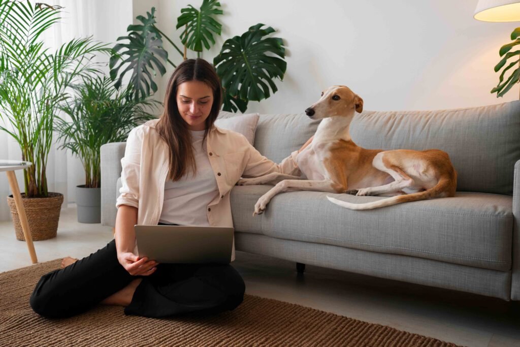 photo-of-woman-working-home-from-laptop-with-greyhound-dog-couch