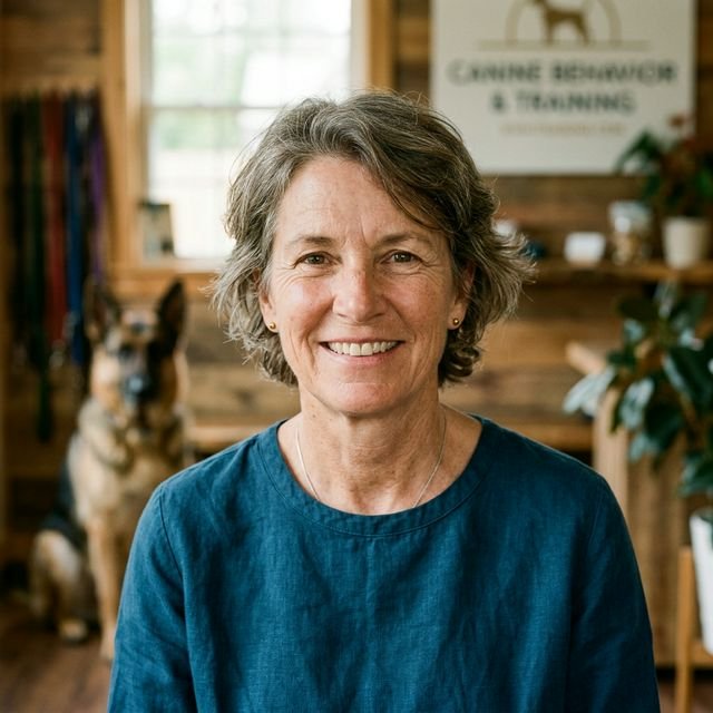 A woman in a blue shirt sits in front of a dog, smiling and enjoying the moment together.