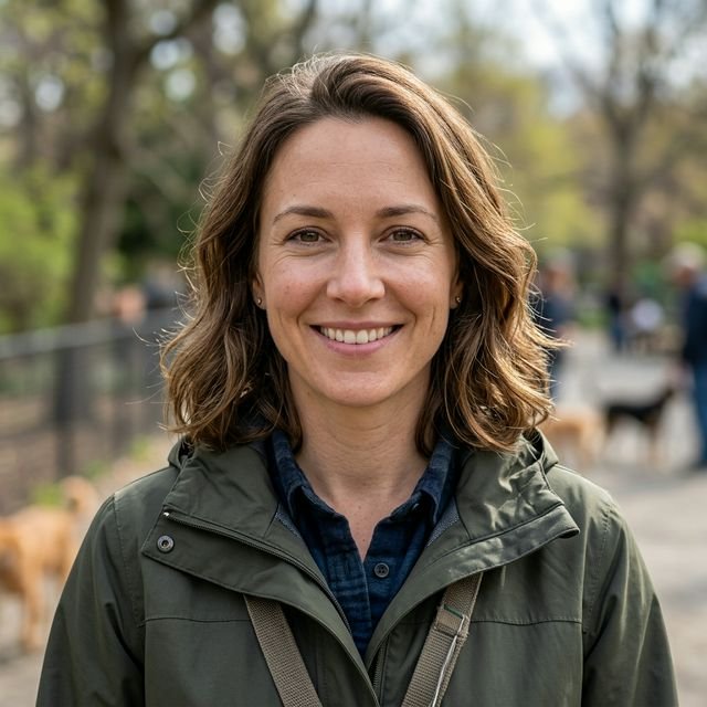 A woman smiling at the camera while standing in a park, surrounded by greenery and sunlight.