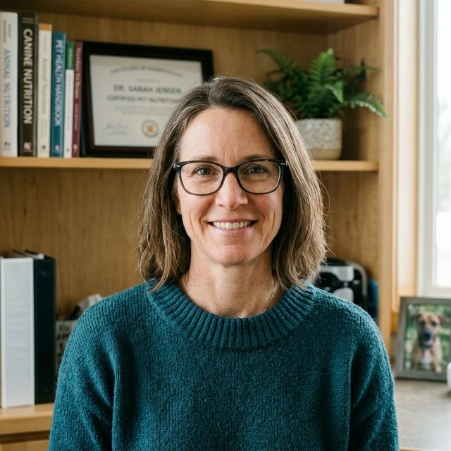 A woman wearing glasses and a green sweater sits in front of a bookcase filled with books.