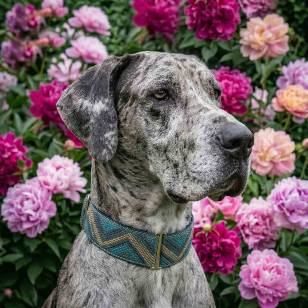 Home 9 A profile portrait close-up of a grey and black Harlequin-Great-Dane-dog-Wearing-a-stylish-wide-geometric-chevron-patterned-dog-collar-in-teal-gold-and-brown-with-a-gold-colored-metal-clasp
