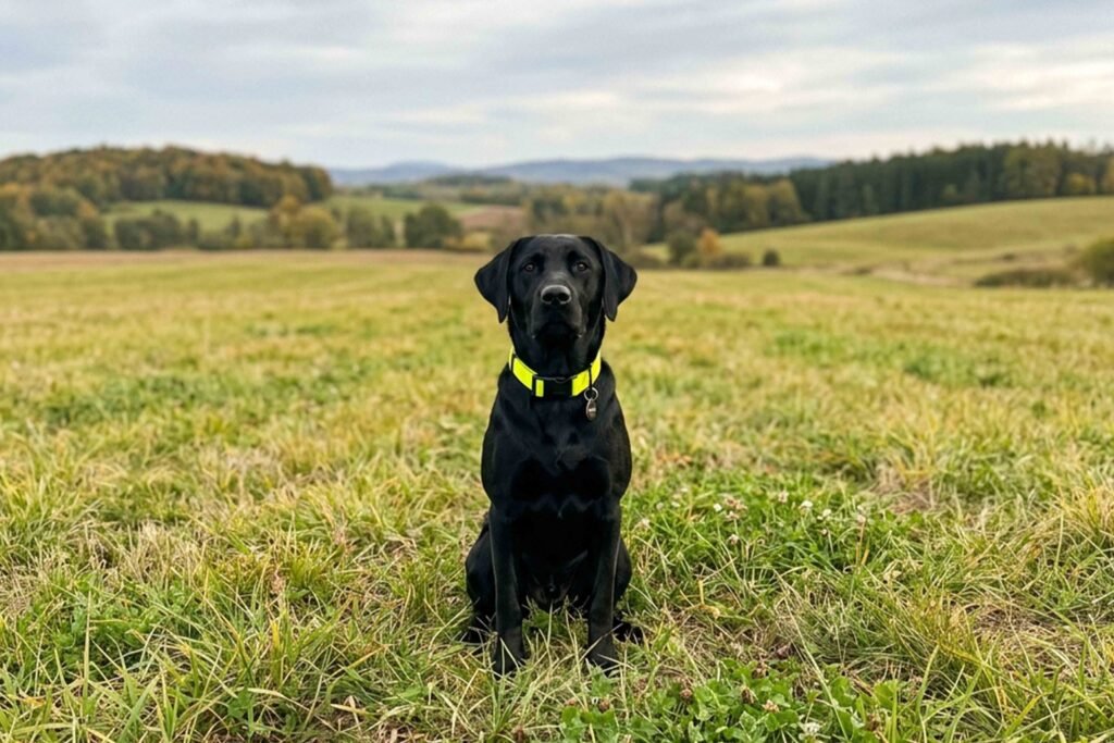 A vibrant neon yellow BioThane dog collar on a sleek black Labrador Retriever sitting in a sunlit grassy field