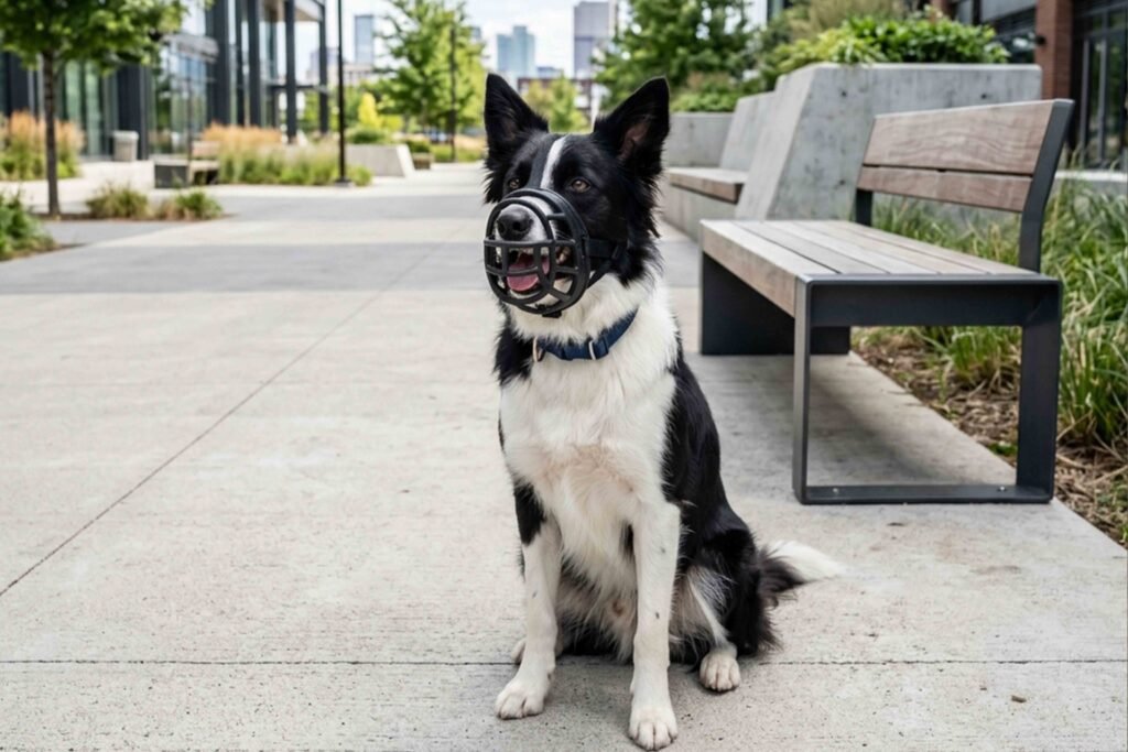 A black and white dog sitting calmly on a sidewalk, looking around its surroundings.
