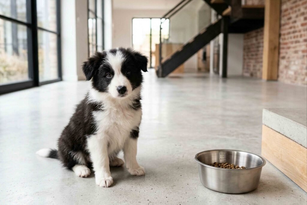 A black and white puppy sits on the floor beside a bowl of food, looking curiously at its meal.