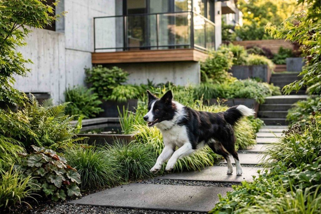 A dog joyfully runs along a stone path in a vibrant garden filled with greenery and colorful flowers.