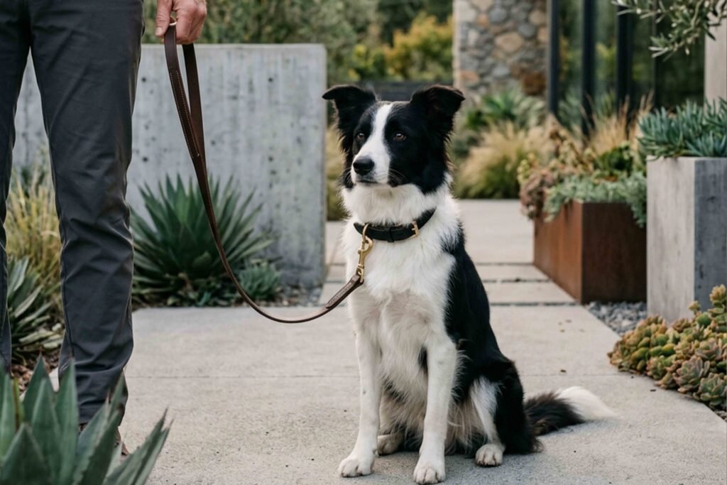 A dog on a leash sits beside a man, who stands attentively next to it in a park setting.