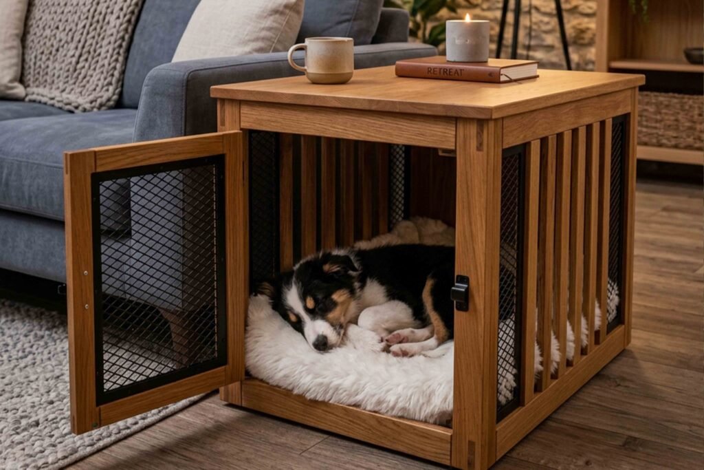 A dog peacefully sleeps inside a wooden crate, surrounded by soft bedding.