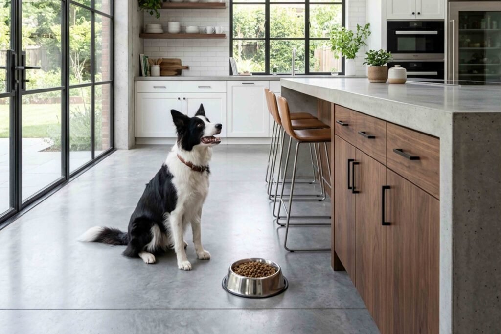 A dog sitting in a kitchen next to a bowl of food, looking content and ready to eat.