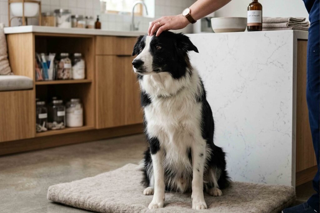 Advanced Canine Raw Food Calculator (BARF Model) 3 A dog sitting on a mat in a kitchen, surrounded by cabinets and a tiled floor.