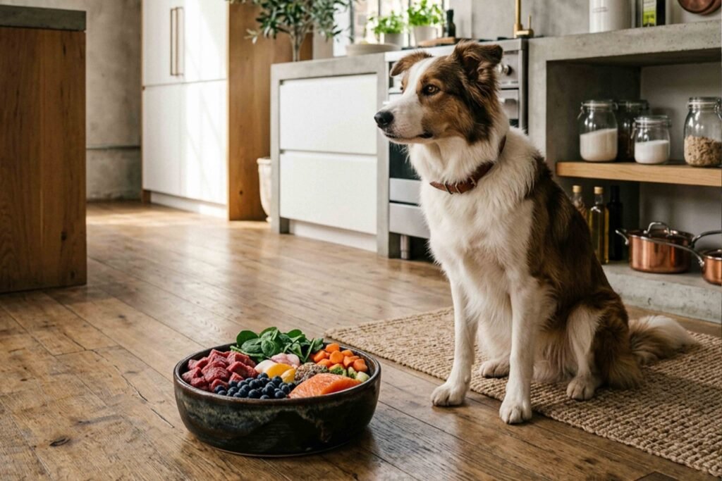 A dog sitting on the floor in front of a colorful bowl of assorted fruit.