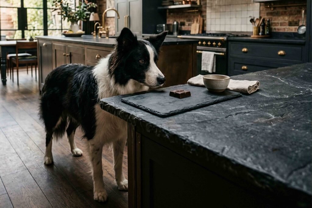 A dog standing on a kitchen counter next to a cup of coffee, looking curiously at its surroundings.