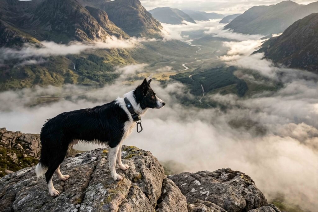 A dog stands atop a mountain, gazing over a vast valley below, with a clear sky in the background.