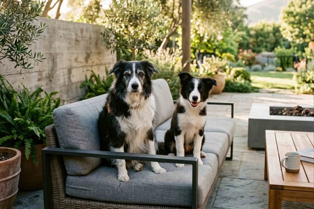 Two dogs sitting together on a couch in a sunny backyard, surrounded by grass and trees.