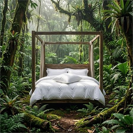 A bed surrounded by dense greenery and tropical plants in a vibrant jungle setting.