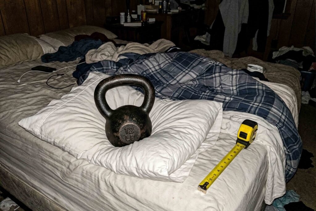 A kettlebell rests on a neatly made bed, showcasing a blend of fitness and home comfort.