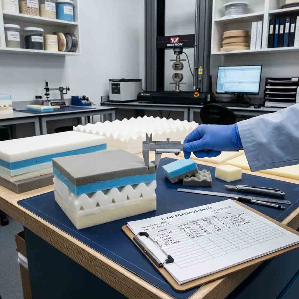 A woman in blue gloves works at a table covered with various types of foam materials.