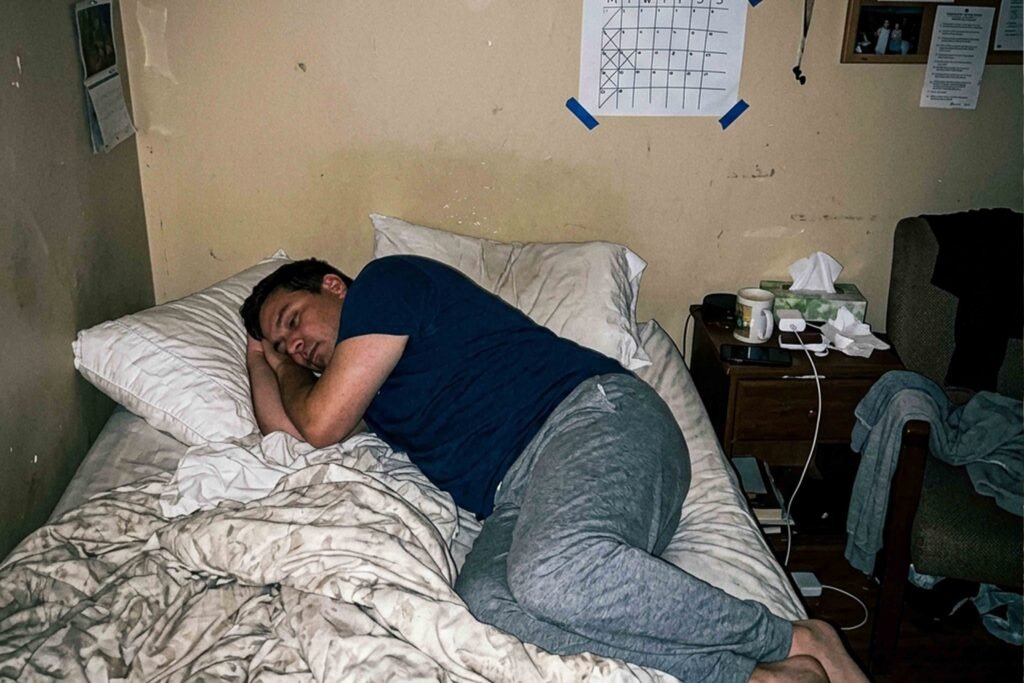A man peacefully sleeping on a bed in a cozy, softly lit room.