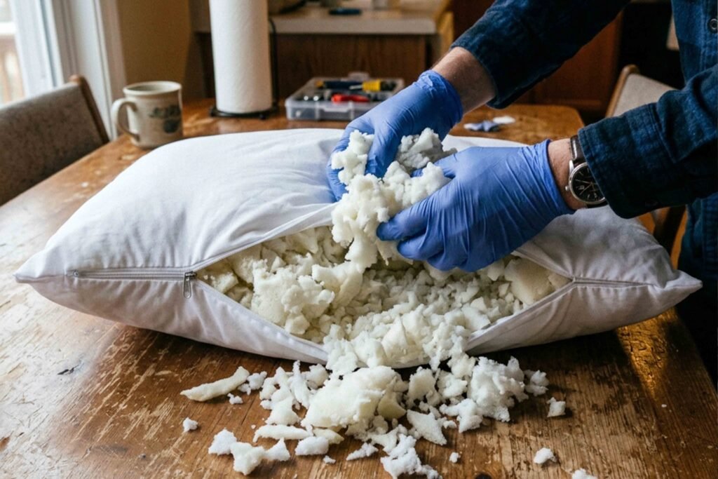 A person wearing blue gloves arranges white pillows on a table.