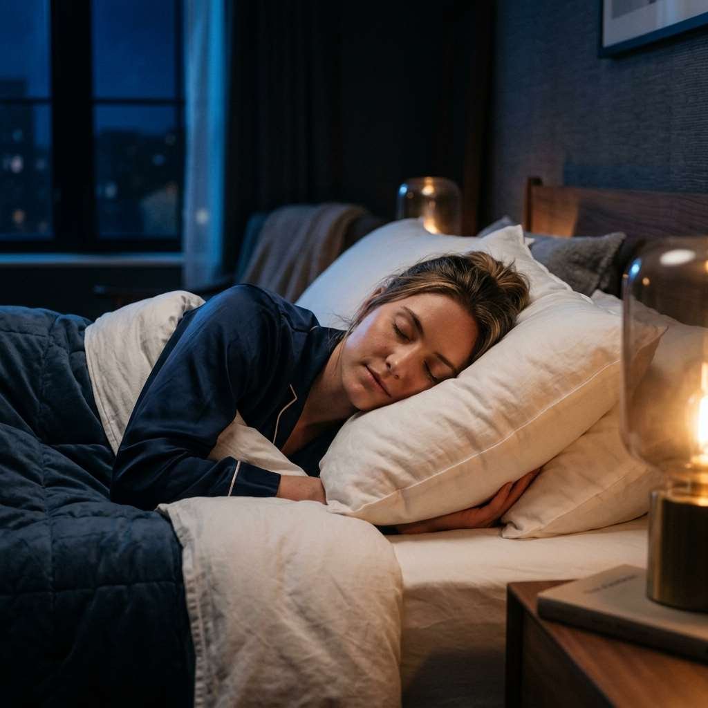 Best Pillows: Expert Tested 1 A woman peacefully sleeping in bed, with a warm lamp