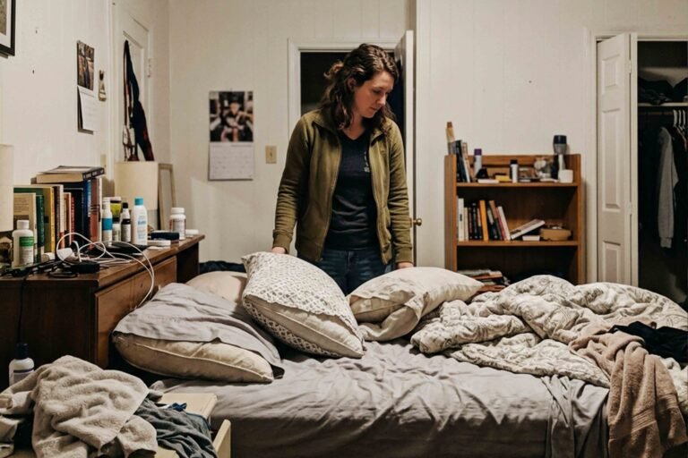Best Pillows: Expert Tested 2 A woman stands in a cluttered bedroom with a disheveled bed and scattered items around her.