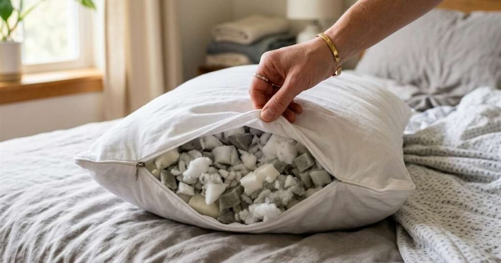 a-hand-unzipping-the-inner-liner-of-an-adjustable-pillow-with-loose-foam-fill-pieces-visible-inside