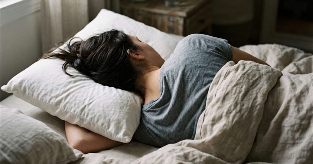a person lying on their side with head resting on a square white pillow