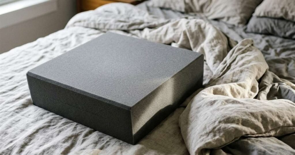 a square foam pillow on an unmade bed with rumpled linen sheets