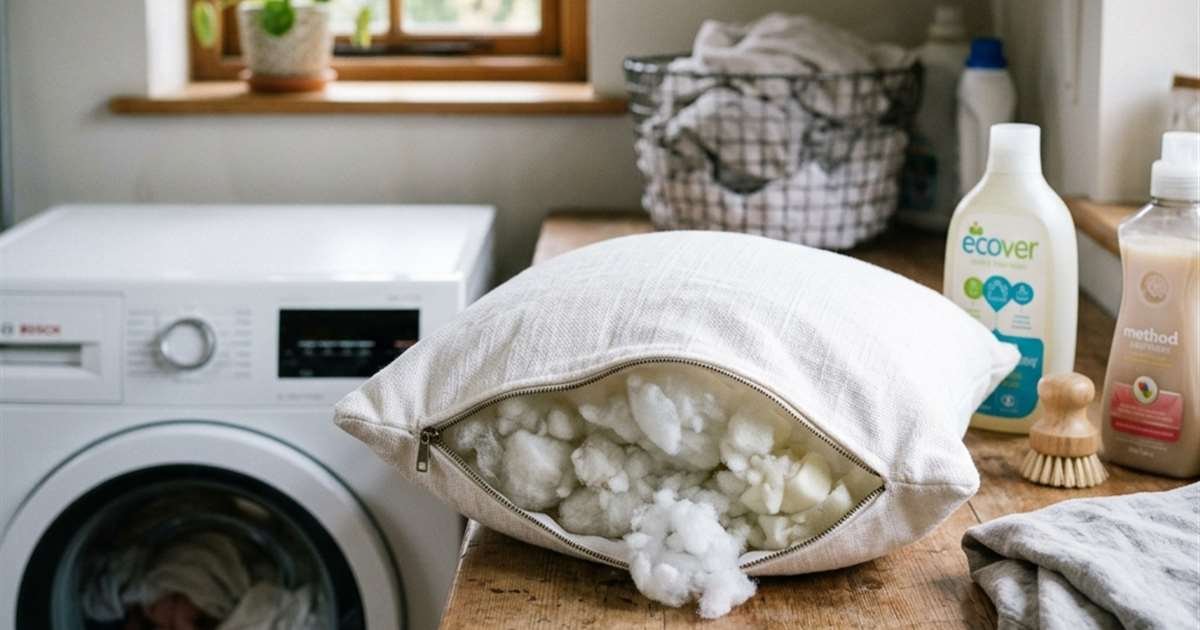 A white pillow cover half-unzipped on a laundry room countertop with foam fill visible inside