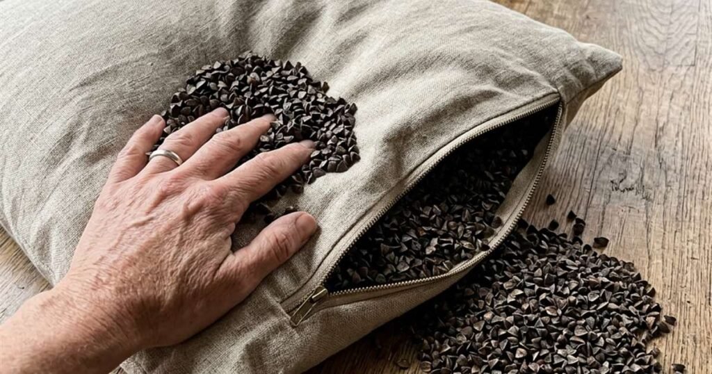 close-up-of-dark-brown-buckwheat-hulls-spilling-out-of-an-unzipped-pillow-on-a-wooden-surface-showing-hull-indentation-holding-its-shape