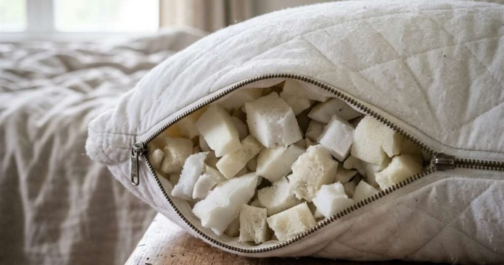 close up view of shredded memory foam inside an adjustable loft pillow