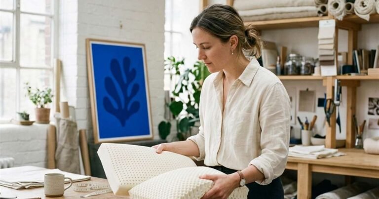 Best Pillows: Expert Tested 3 female-designer-in-a-materials-workshop-comparing-the-textures-of-talalay-and-dunlop-latex-pillow-cores