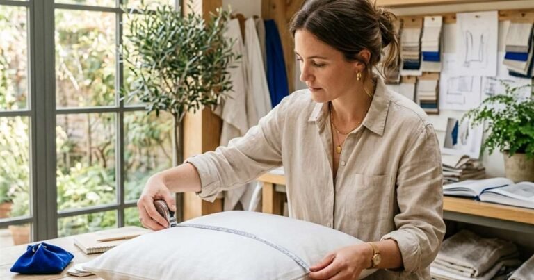 female-designer-measuring-pillow-thickness-to-calculate-correct-loft-height-for-spinal-alignment