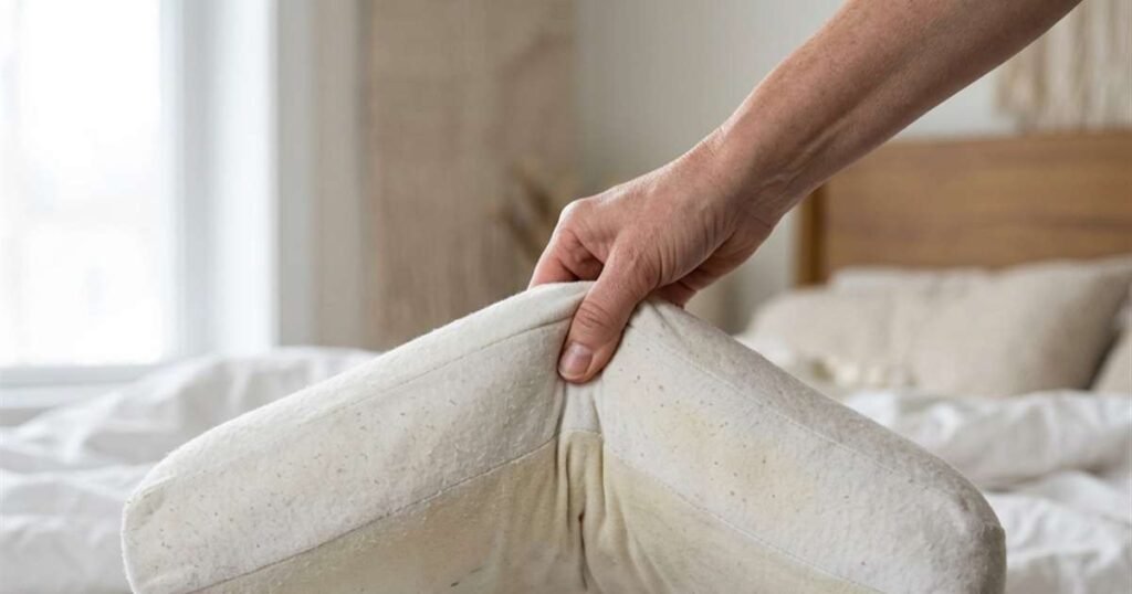 hand lifting used pillow edge showing permanent compression 2