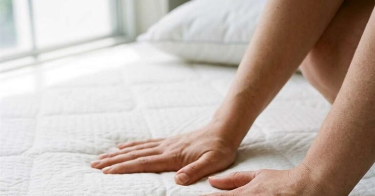 hand pressing mattress surface showing firmness compression depth 1
