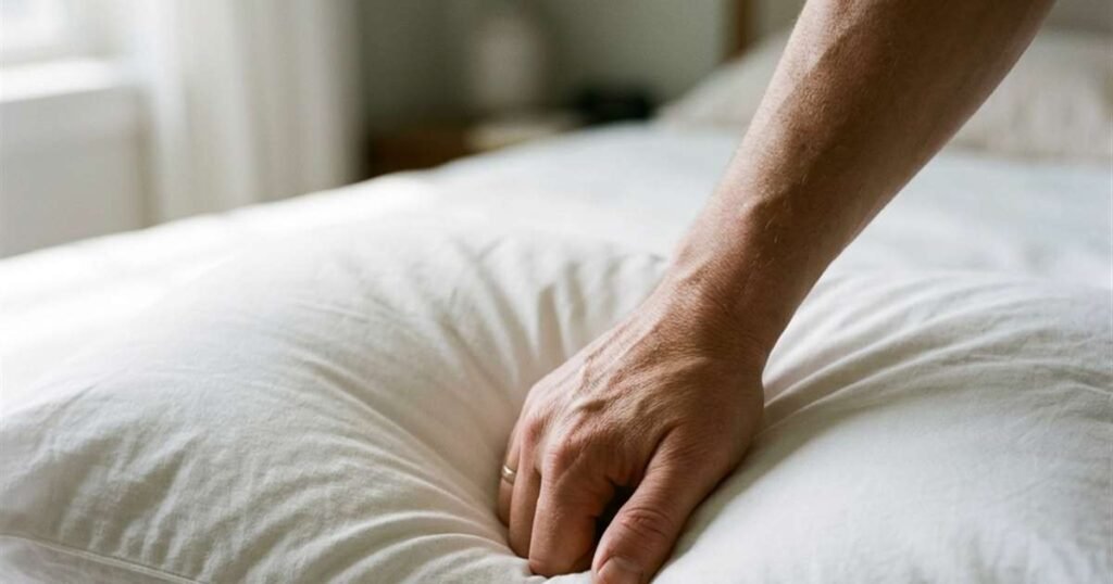 hand pressing pillow center showing firmness compression depth