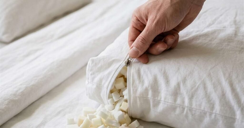 hand-unzipping-shredded-memory-foam-pillow-to-adjust-fill